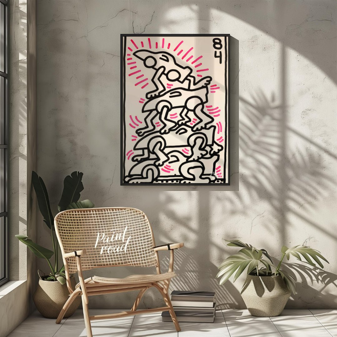 "Haring's Car Pile" presents a vibrant artwork in Keith Haring's signature style, featuring stylize… for outdoor
