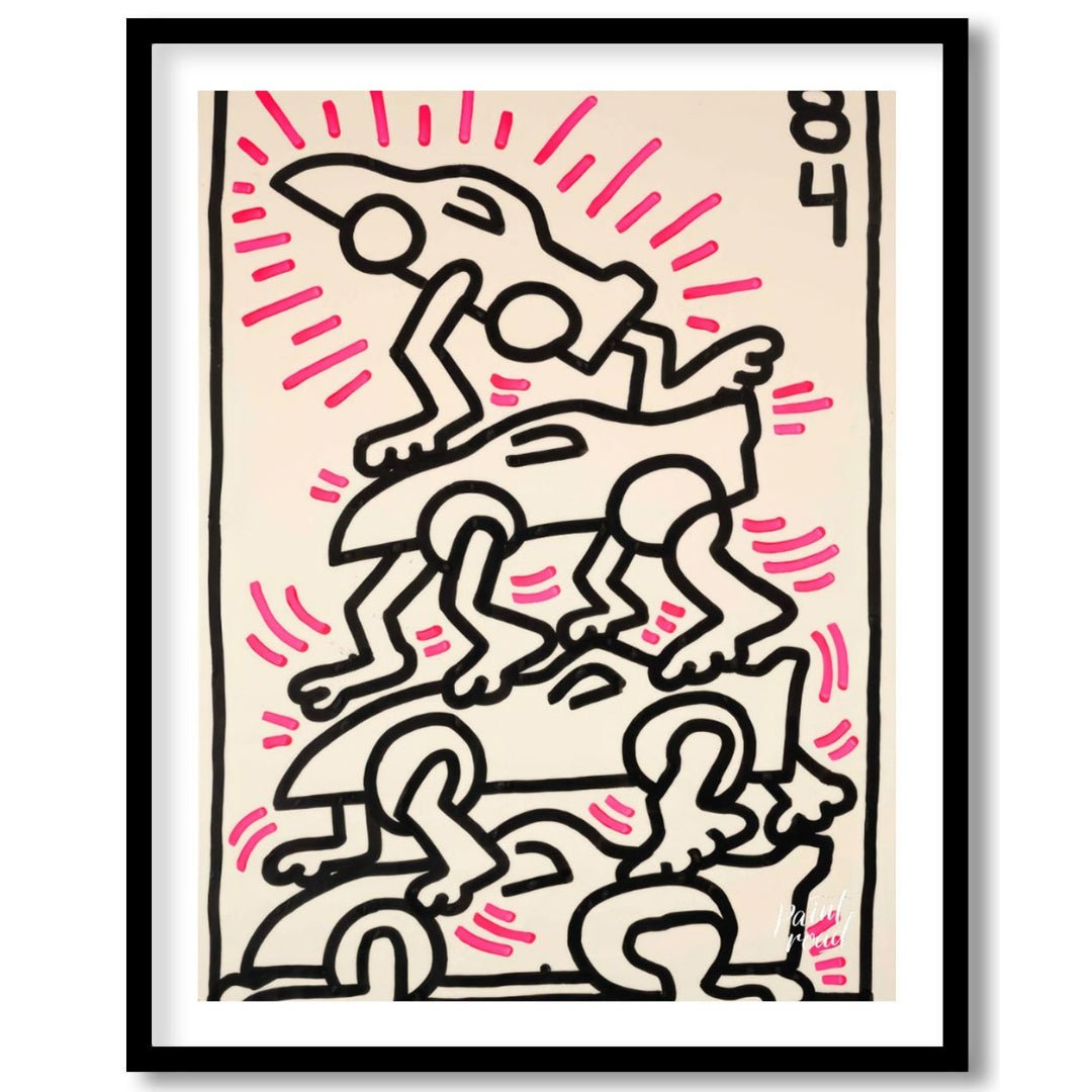 "Haring's Car Pile" presents a vibrant artwork in Keith Haring's signature style, featuring stylize… for sweet home