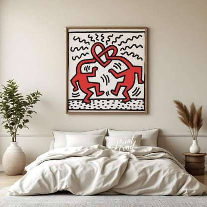 "Haring's Heart Dance" presents a vibrant artwork in Keith Haring's signature style, featuring two … for bedroom