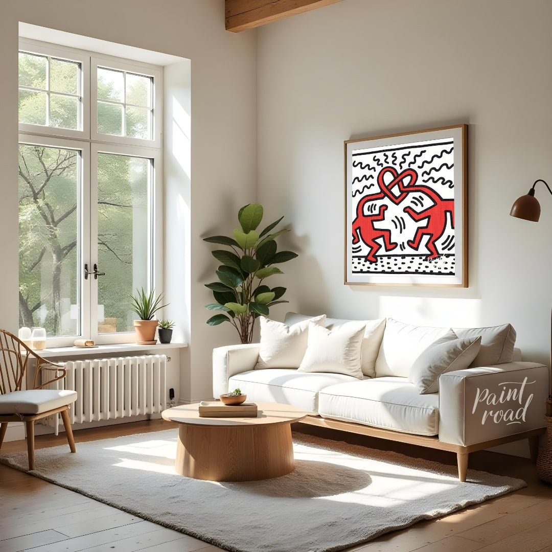"Haring's Heart Dance" presents a vibrant artwork in Keith Haring's signature style, featuring two … for living room