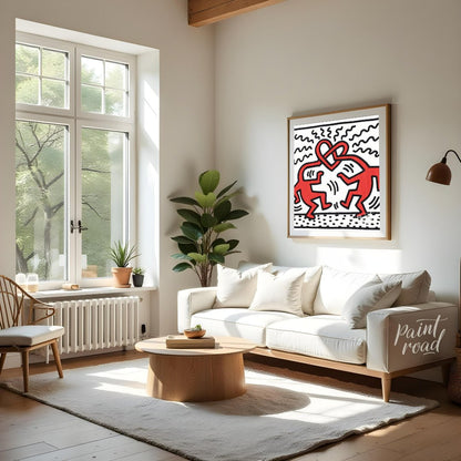 "Haring's Heart Dance" presents a vibrant artwork in Keith Haring's signature style, featuring two … for living room