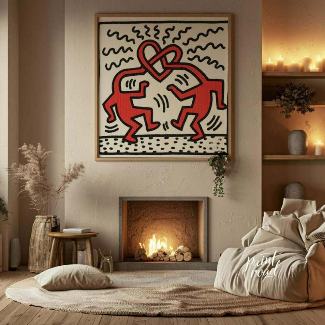 "Haring's Heart Dance" presents a vibrant artwork in Keith Haring's signature style, featuring two … for living room