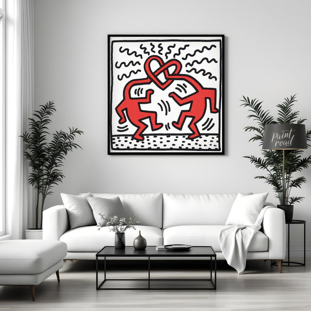 "Haring's Heart Dance" presents a vibrant artwork in Keith Haring's signature style, featuring two … for living room