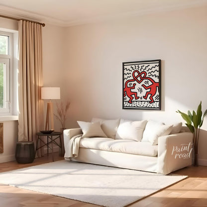 "Haring's Heart Dance" presents a vibrant artwork in Keith Haring's signature style, featuring two … for living room