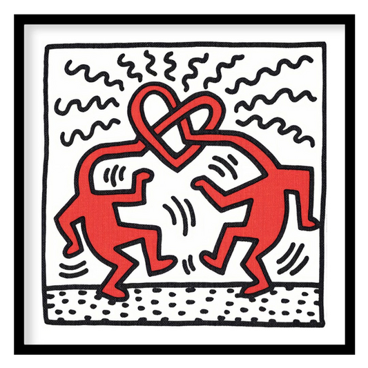 "Haring's Heart Dance" presents a vibrant artwork in Keith Haring's signature style, featuring two … for lovely house