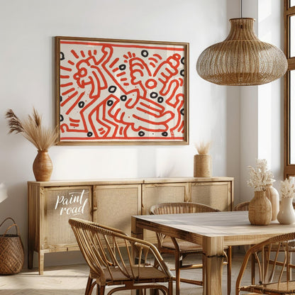 "Haring's Red Dance" presents a vibrant artwork in Keith Haring's signature style, featuring bold r… for dining room