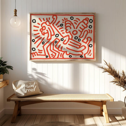 "Haring's Red Dance" presents a vibrant artwork in Keith Haring's signature style, featuring bold r… for entryway