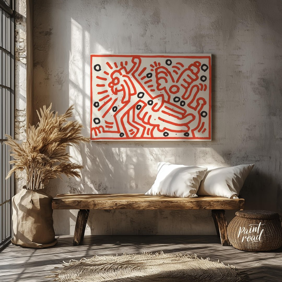 "Haring's Red Dance" presents a vibrant artwork in Keith Haring's signature style, featuring bold r… for entryway