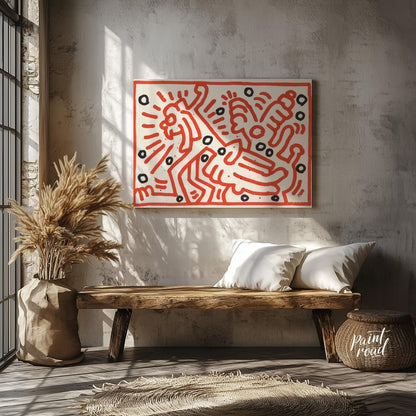 "Haring's Red Dance" presents a vibrant artwork in Keith Haring's signature style, featuring bold r… for entryway