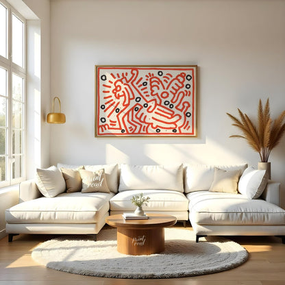 "Haring's Red Dance" presents a vibrant artwork in Keith Haring's signature style, featuring bold r… for living room