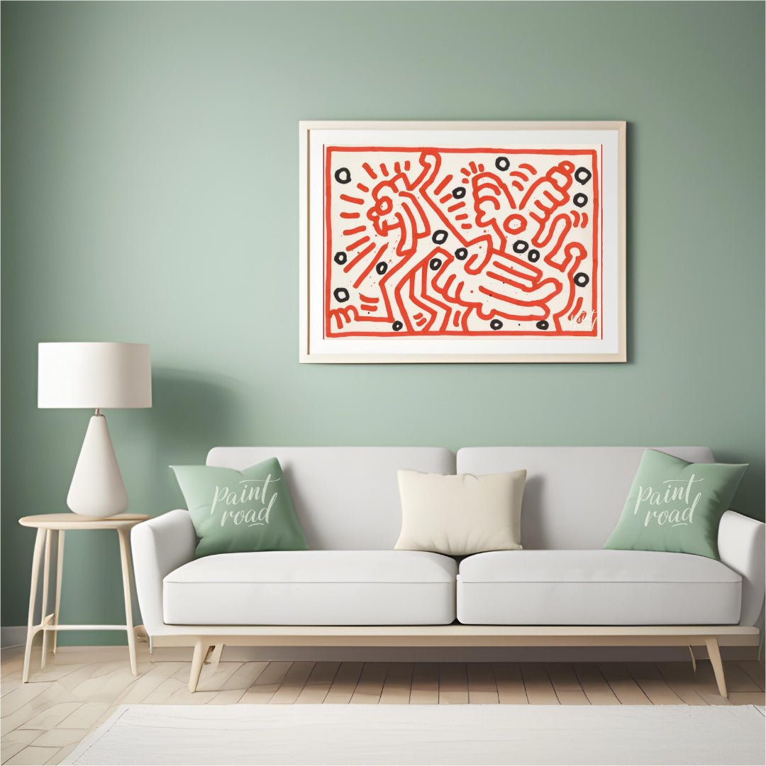"Haring's Red Dance" presents a vibrant artwork in Keith Haring's signature style, featuring bold r… for living room
