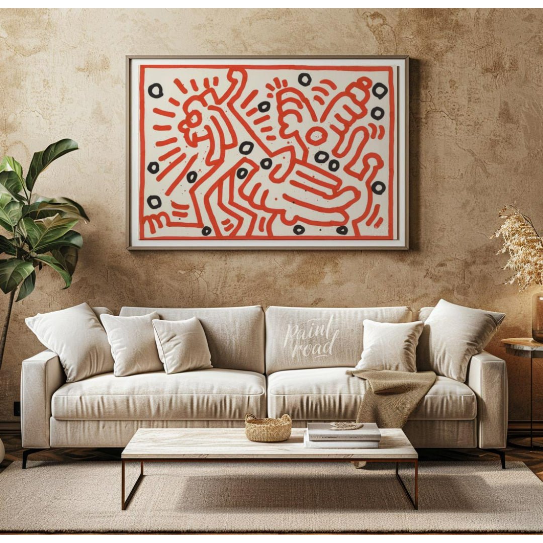 "Haring's Red Dance" presents a vibrant artwork in Keith Haring's signature style, featuring bold r… for living room