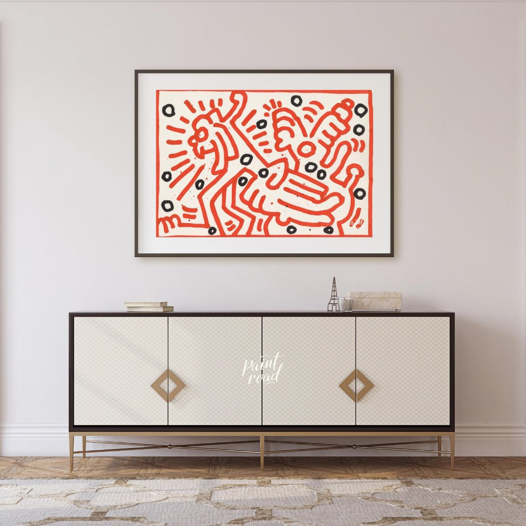 "Haring's Red Dance" presents a vibrant artwork in Keith Haring's signature style, featuring bold r… for living room