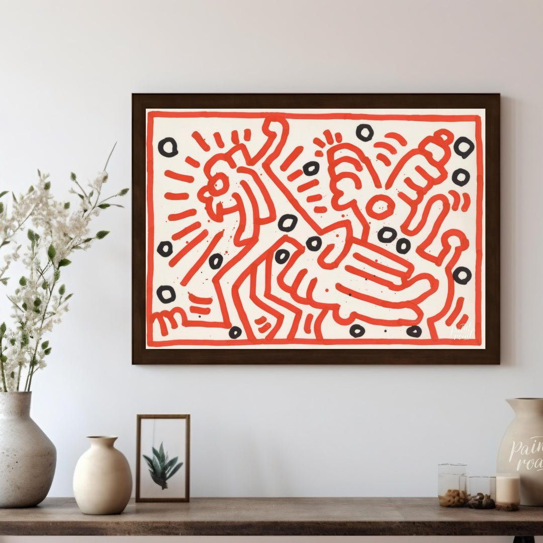 "Haring's Red Dance" presents a vibrant artwork in Keith Haring's signature style, featuring bold r… for other