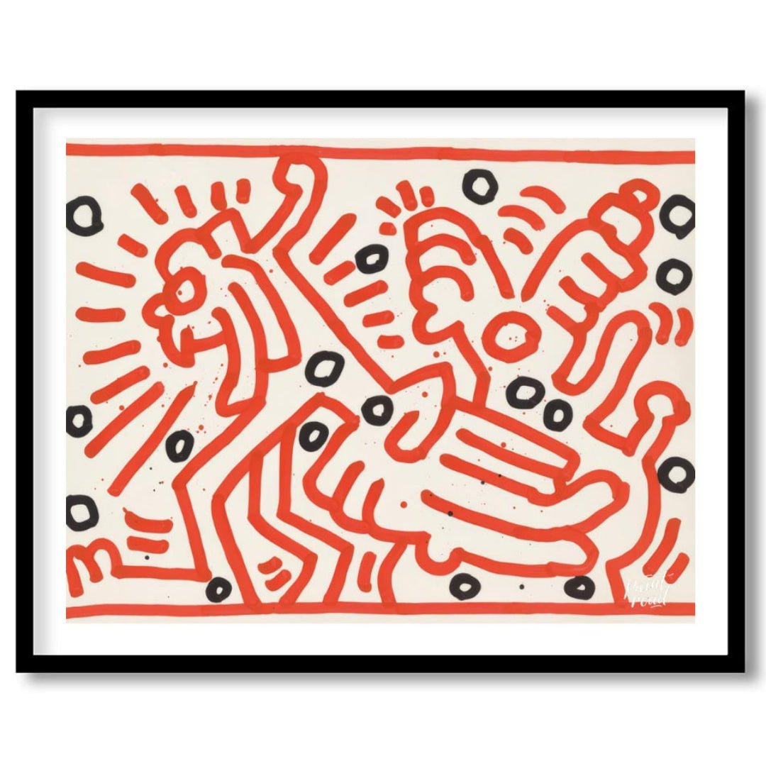"Haring's Red Dance" presents a vibrant artwork in Keith Haring's signature style, featuring bold r… for sweet home