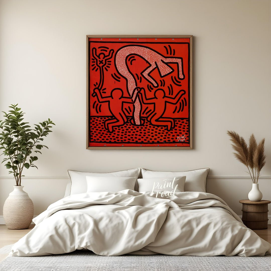 "Haring's Ritual" presents a vibrant artwork in Keith Haring's signature style, featuring bold blac… for bedroom