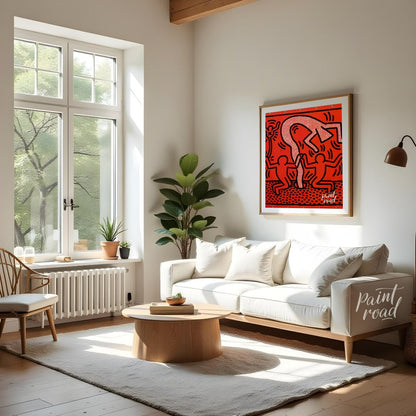 "Haring's Ritual" presents a vibrant artwork in Keith Haring's signature style, featuring bold blac… for living room