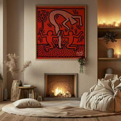 "Haring's Ritual" presents a vibrant artwork in Keith Haring's signature style, featuring bold blac… for living room