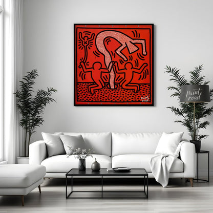 "Haring's Ritual" presents a vibrant artwork in Keith Haring's signature style, featuring bold blac… for living room