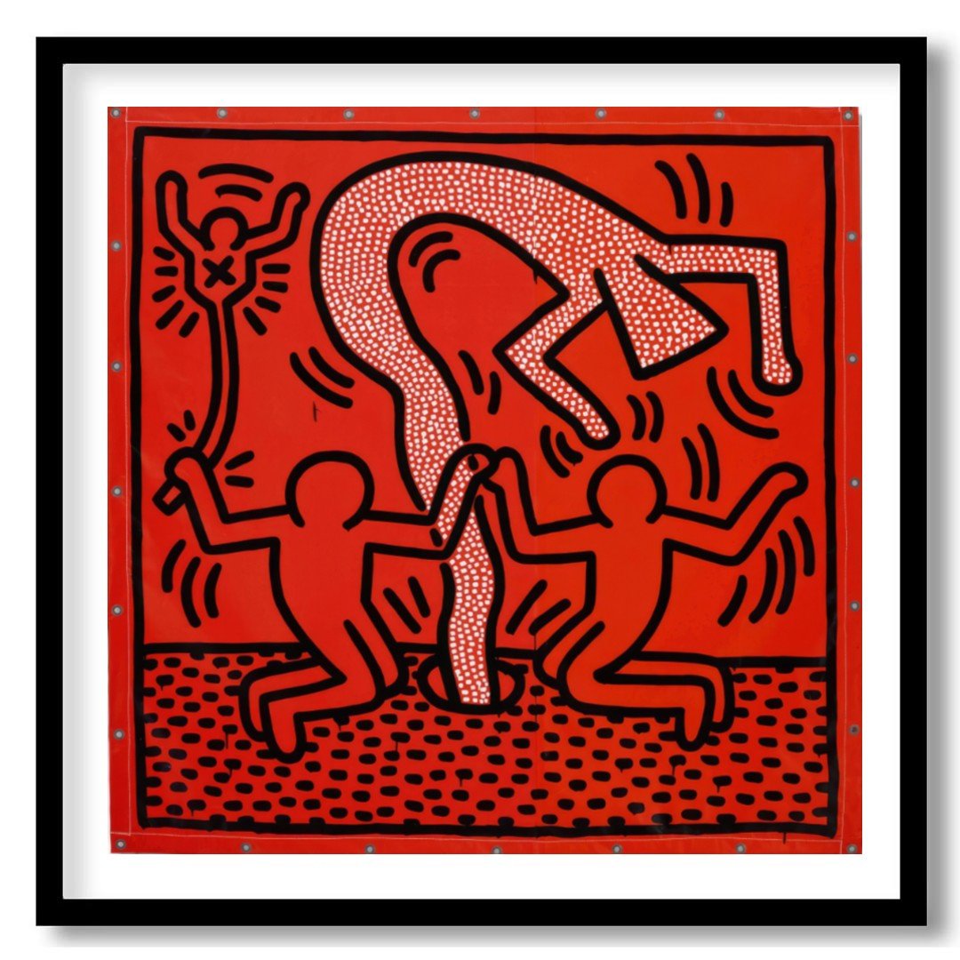 "Haring's Ritual" presents a vibrant artwork in Keith Haring's signature style, featuring bold blac… for space