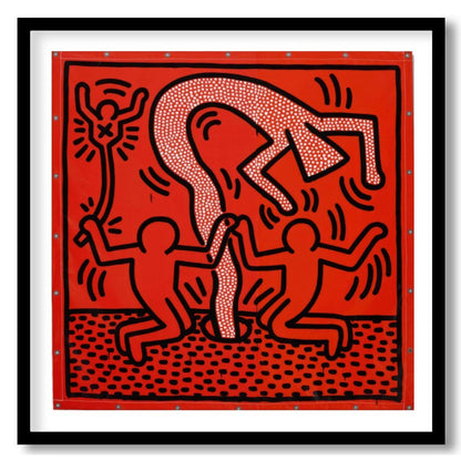 "Haring's Ritual" presents a vibrant artwork in Keith Haring's signature style, featuring bold blac… for space