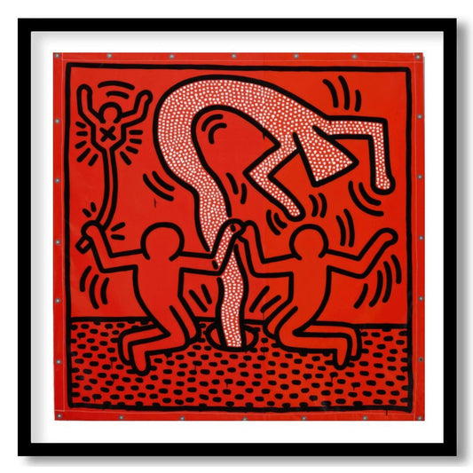 "Haring's Ritual" presents a vibrant artwork in Keith Haring's signature style, featuring bold blac… for space