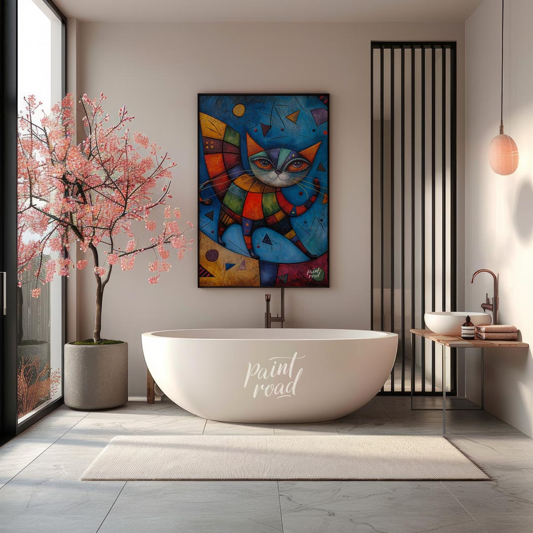 This captivating mixed-media artwork presents a highly stylized and colorful cat figure, reminiscen… for bathroom