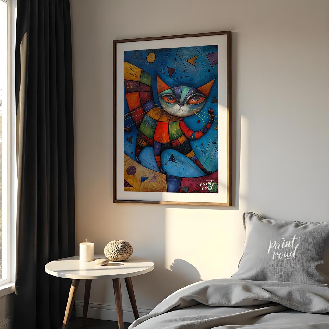This captivating mixed-media artwork presents a highly stylized and colorful cat figure, reminiscen… for bedroom