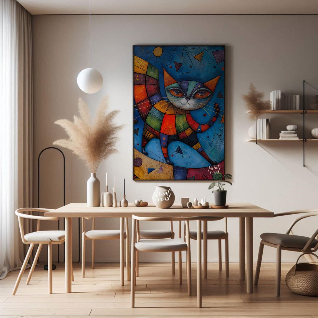 This captivating mixed-media artwork presents a highly stylized and colorful cat figure, reminiscen… for dining room