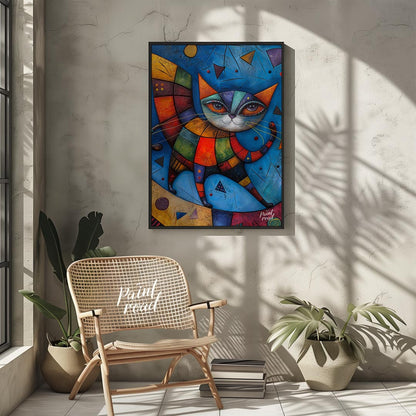 This captivating mixed-media artwork presents a highly stylized and colorful cat figure, reminiscen… for living room