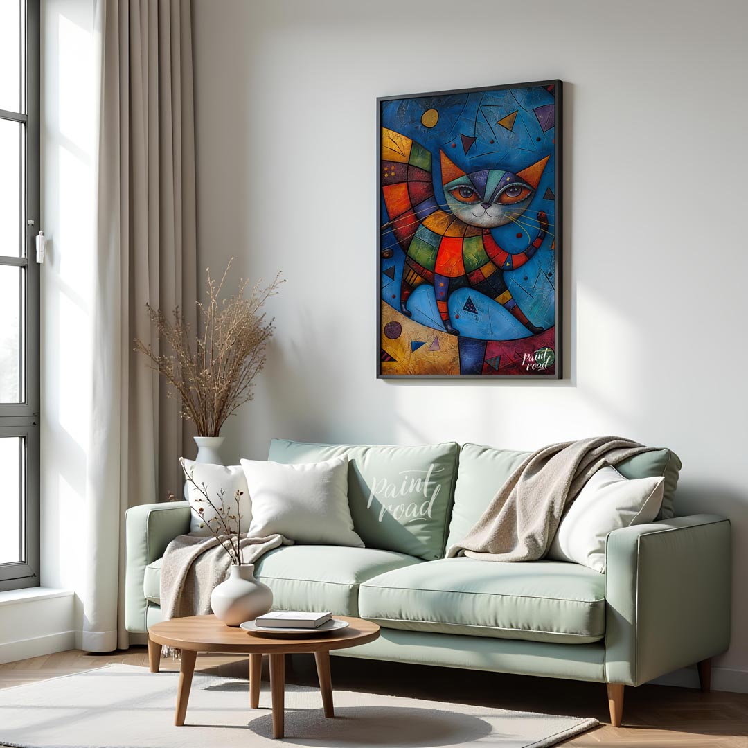 This captivating mixed-media artwork presents a highly stylized and colorful cat figure, reminiscen… for living room