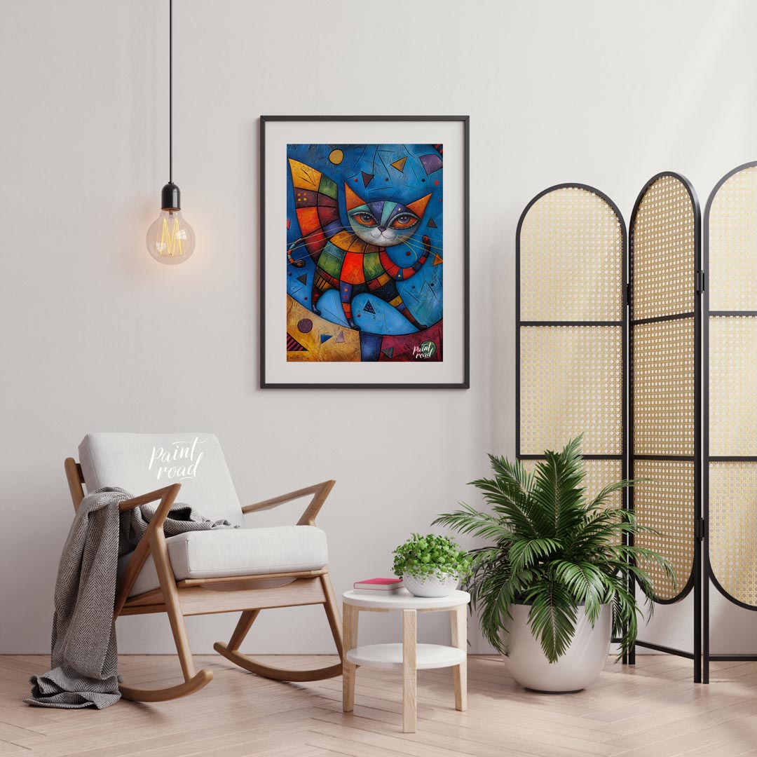 This captivating mixed-media artwork presents a highly stylized and colorful cat figure, reminiscen… for living room