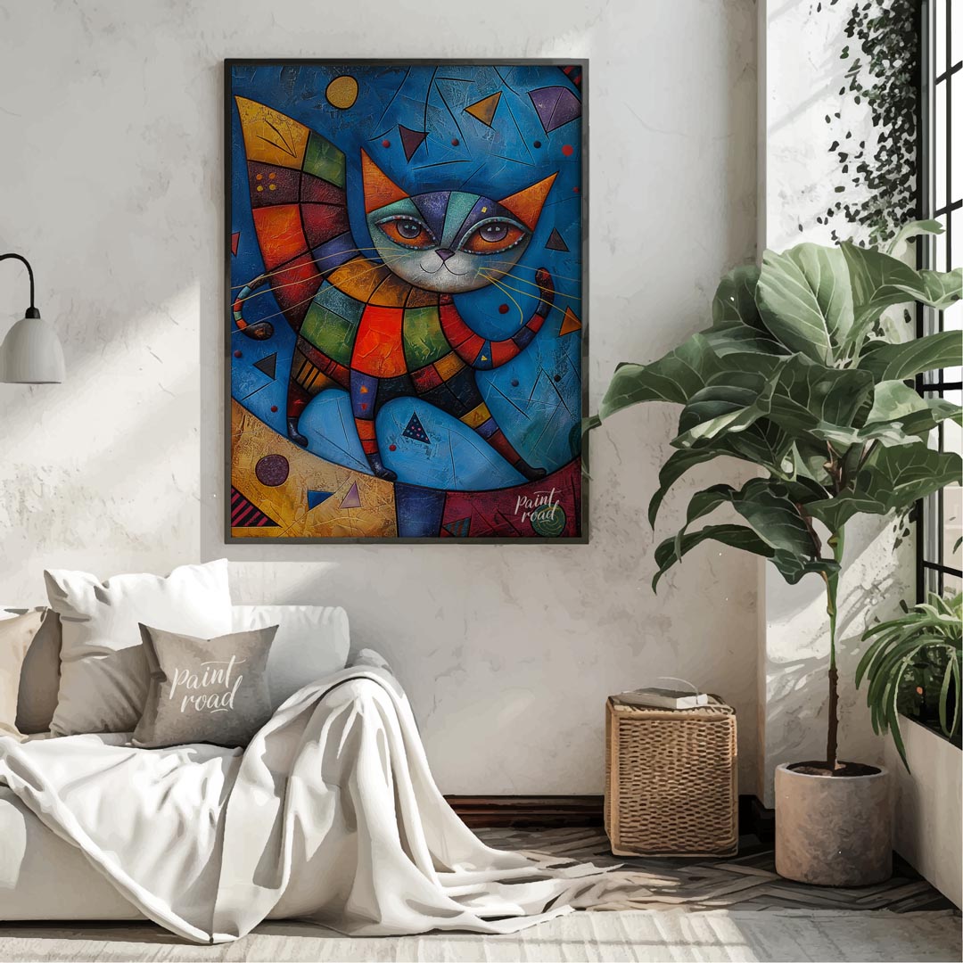 This captivating mixed-media artwork presents a highly stylized and colorful cat figure, reminiscen… for living room