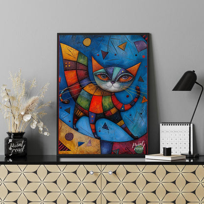This captivating mixed-media artwork presents a highly stylized and colorful cat figure, reminiscen… for office