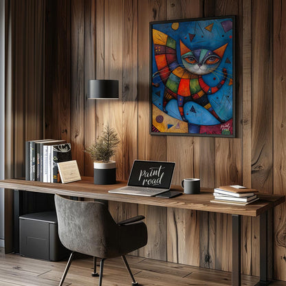 This captivating mixed-media artwork presents a highly stylized and colorful cat figure, reminiscen… for office