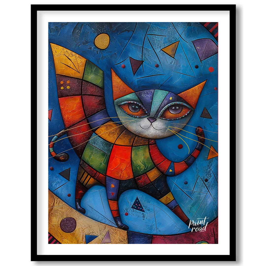 This captivating mixed-media artwork presents a highly stylized and colorful cat figure, reminiscen… for place
