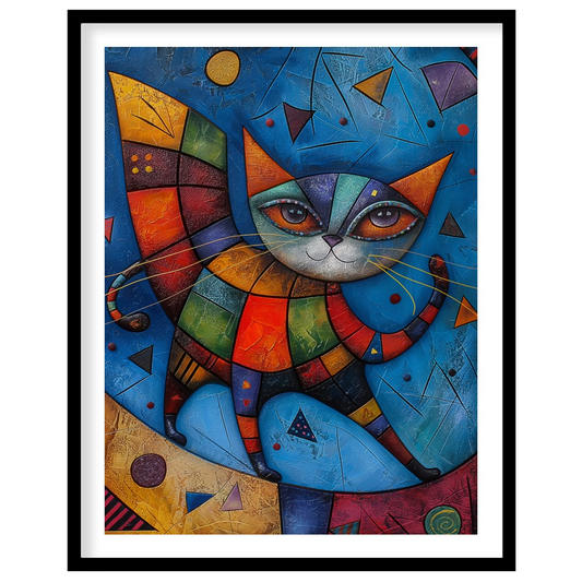 This captivating mixed-media artwork presents a highly stylized and colorful cat figure, reminiscen… for place