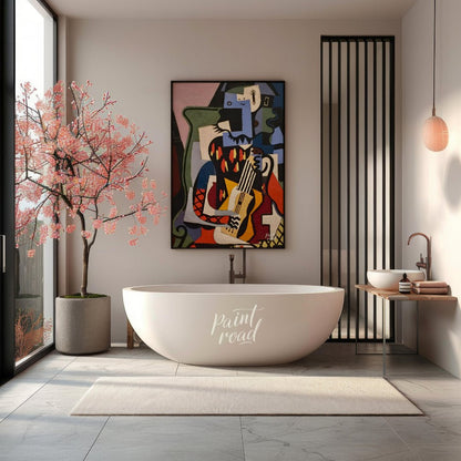 This Cubist masterpiece by Pablo Picasso, “Harlequin Musician,” exemplifies the artist’s exploratio… for bathroom