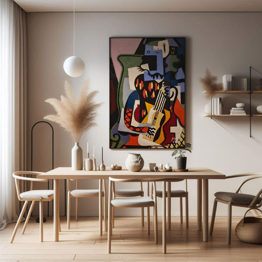 This Cubist masterpiece by Pablo Picasso, “Harlequin Musician,” exemplifies the artist’s exploratio… for dining room