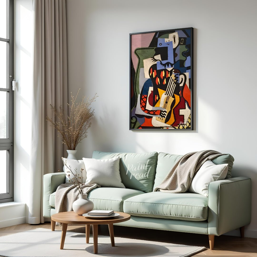 This Cubist masterpiece by Pablo Picasso, “Harlequin Musician,” exemplifies the artist’s exploratio… for living room