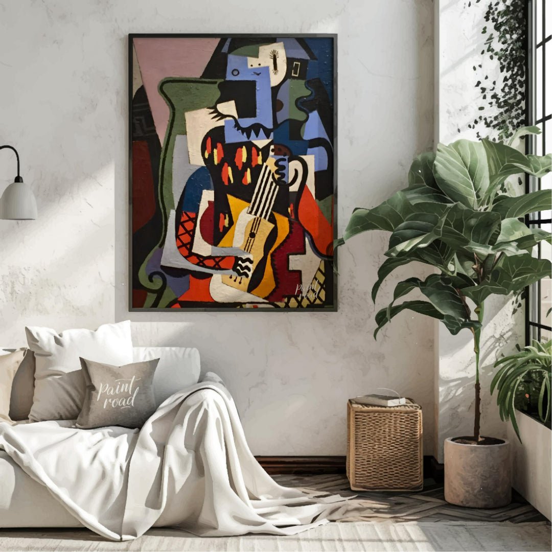 This Cubist masterpiece by Pablo Picasso, “Harlequin Musician,” exemplifies the artist’s exploratio… for living room