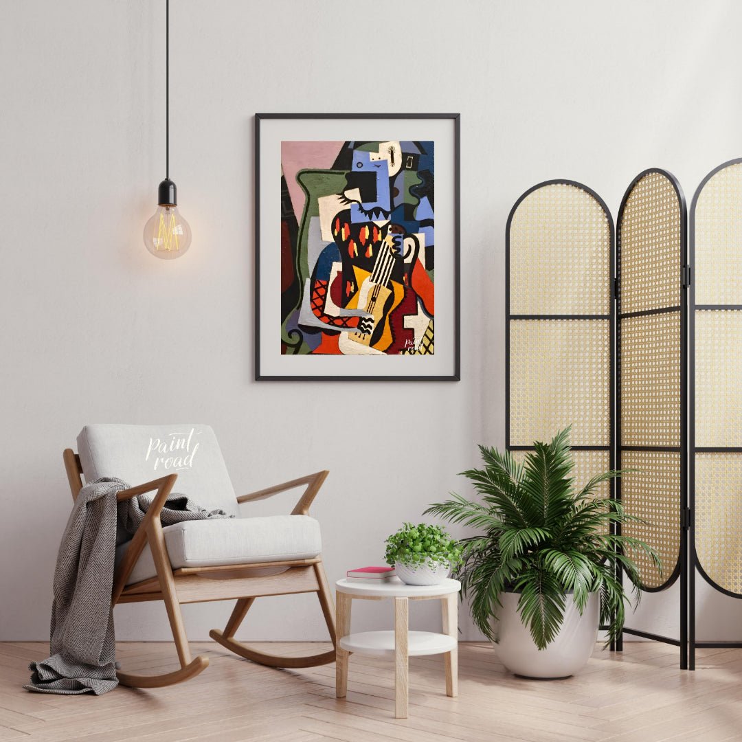This Cubist masterpiece by Pablo Picasso, “Harlequin Musician,” exemplifies the artist’s exploratio… for living room