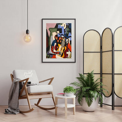 This Cubist masterpiece by Pablo Picasso, “Harlequin Musician,” exemplifies the artist’s exploratio… for living room