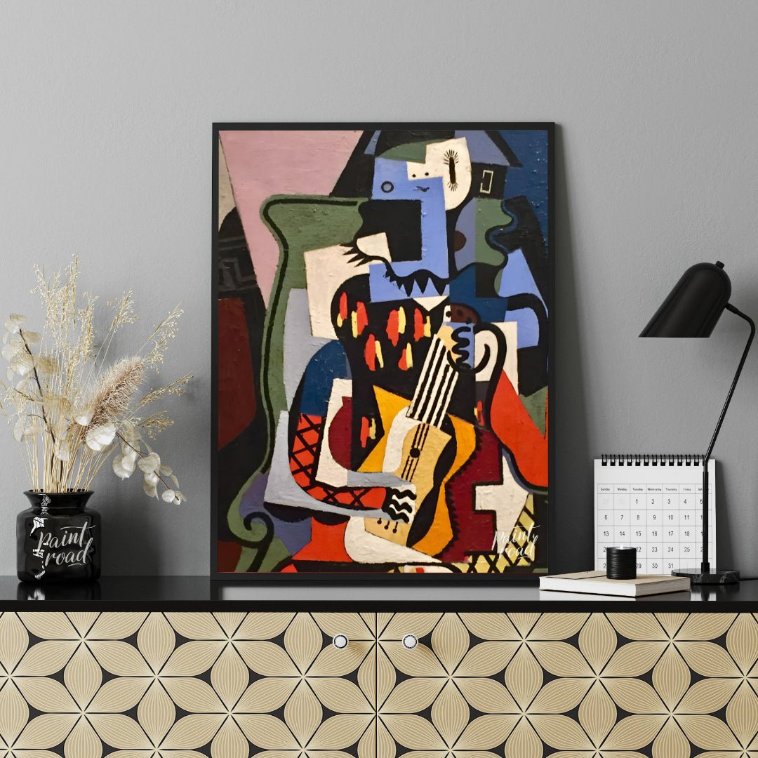 This Cubist masterpiece by Pablo Picasso, “Harlequin Musician,” exemplifies the artist’s exploratio… for office