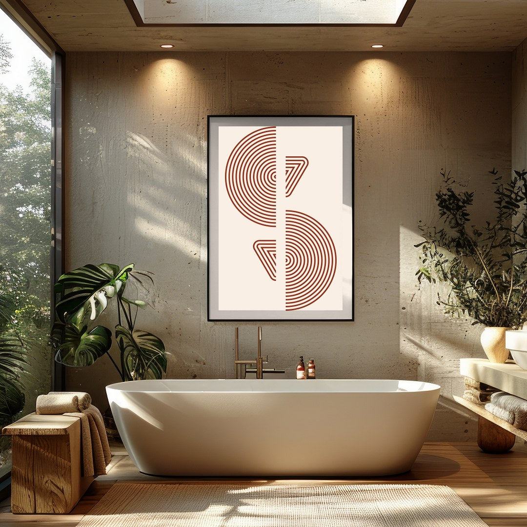 Elevate your space with this modern geometric wall art, featuring concentric circles and triangles for Bathroom