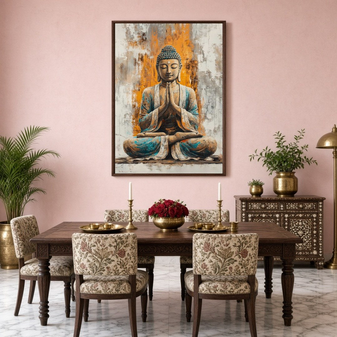 Immerse yourself in the calming presence of our 'Harmonious Buddha' artwork, featuring a seated for Dining