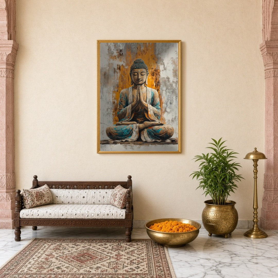 Immerse yourself in the calming presence of our 'Harmonious Buddha' artwork, featuring a seated for Entrance