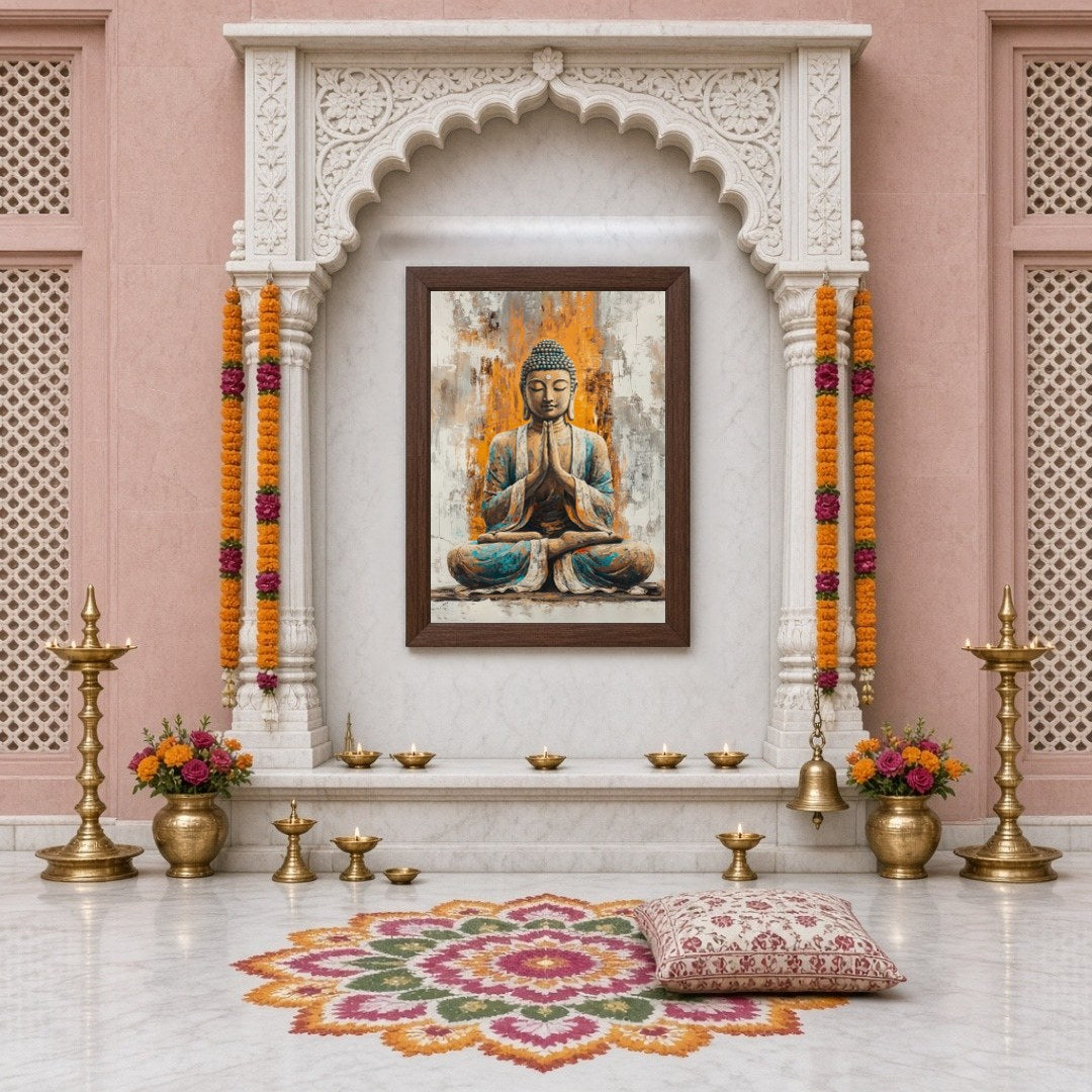 Immerse yourself in the calming presence of our 'Harmonious Buddha' artwork, featuring a seated for Home Temple