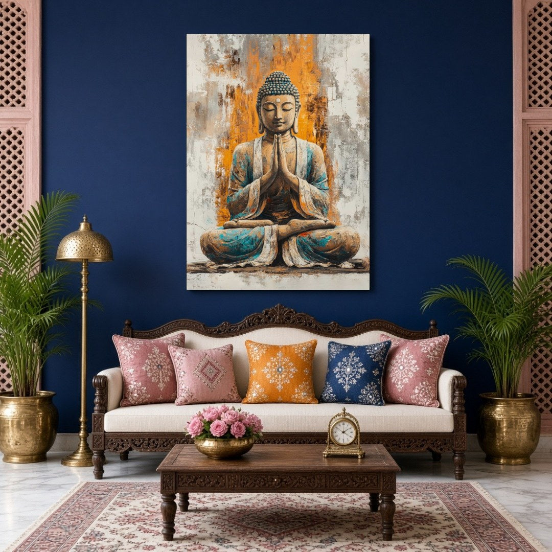 Immerse yourself in the calming presence of our 'Harmonious Buddha' artwork, featuring a seated for Living Room