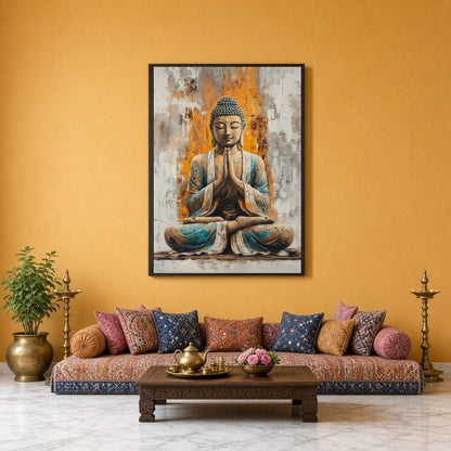 Immerse yourself in the calming presence of our 'Harmonious Buddha' artwork, featuring a seated for Sitting Lounge